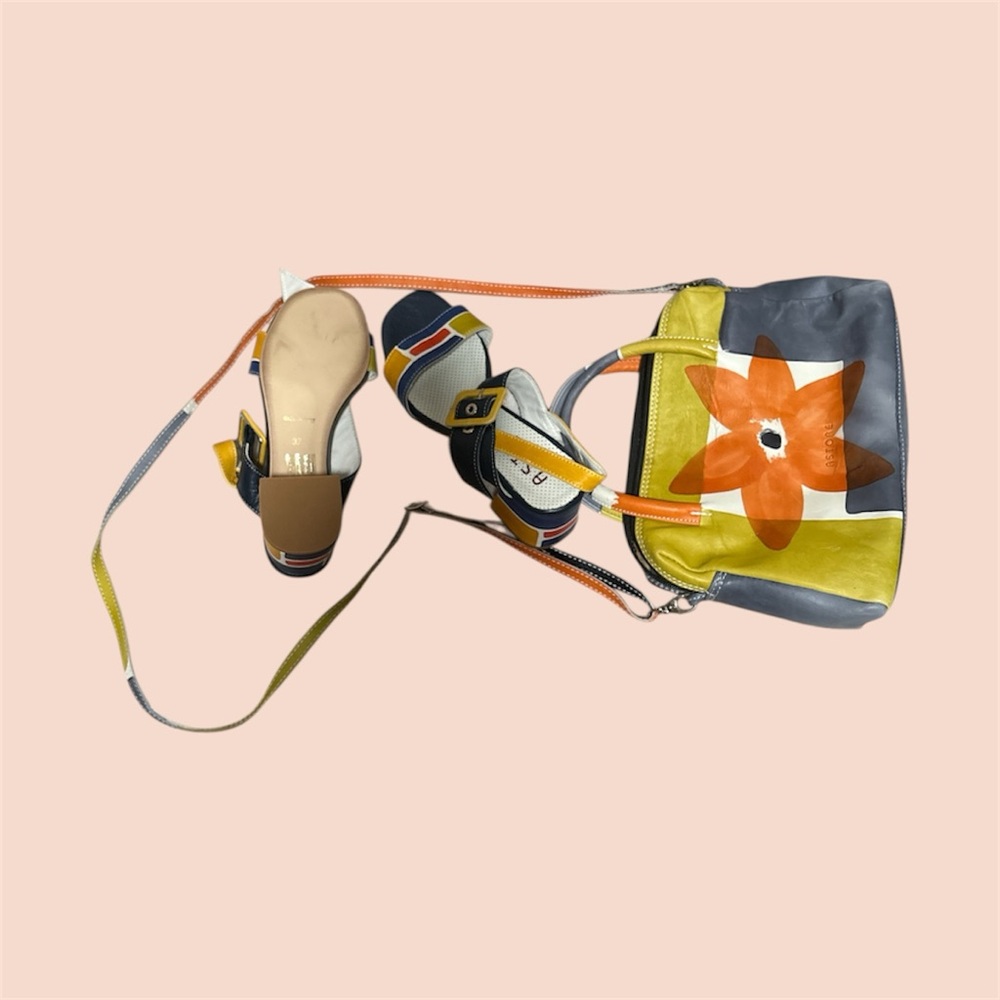 ASTORE VENEZIA Colorblock Leather Sandals, 37 EU & Floral Accent Crossbody Bag. - Picture 3 of 7